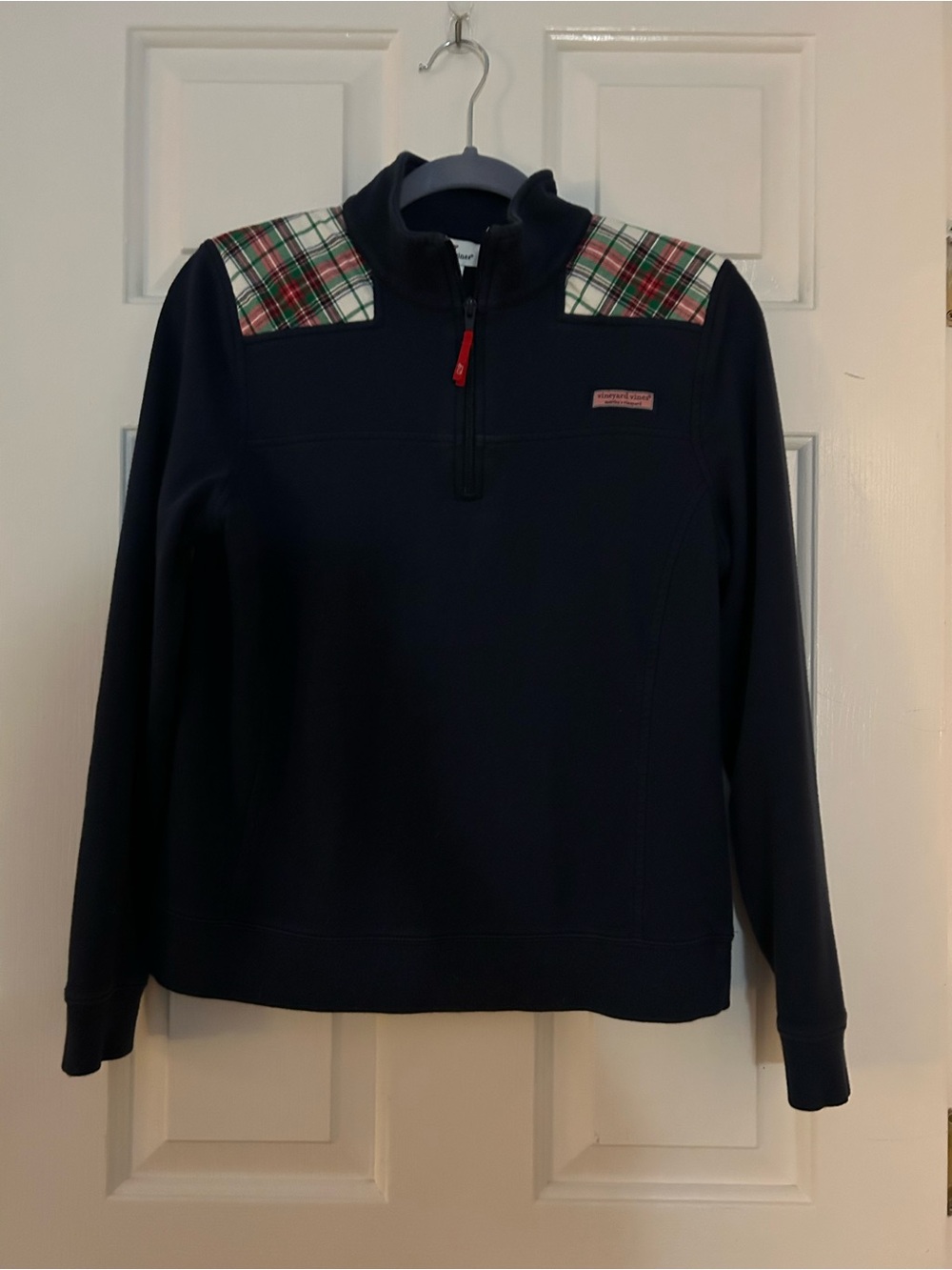 Vineyard Vines Navy Half-Zip Pullover with Red & Green Plaid Shoulders